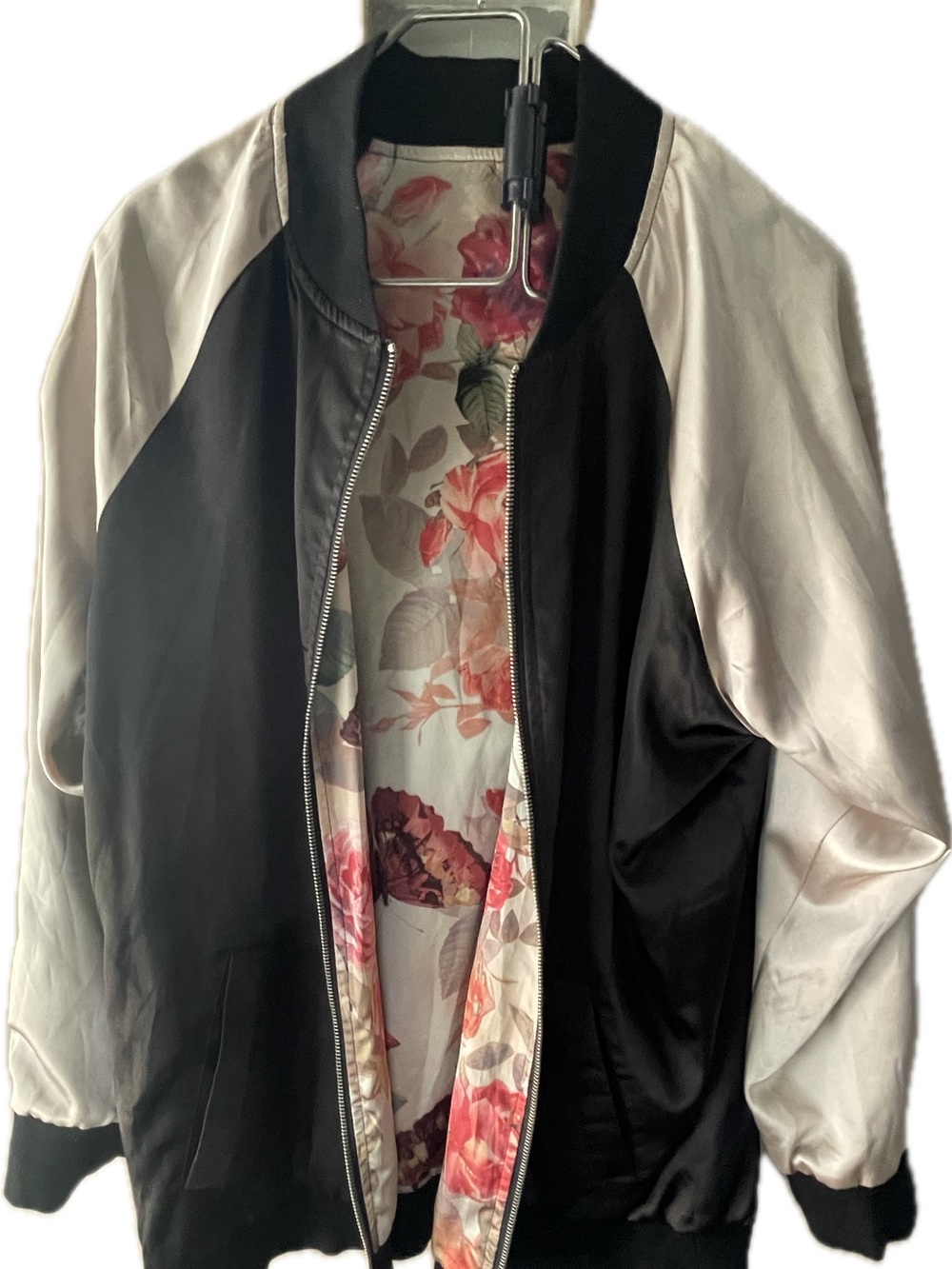 Black and Cream reversible Satin Bomber Jacket with Floral Lining